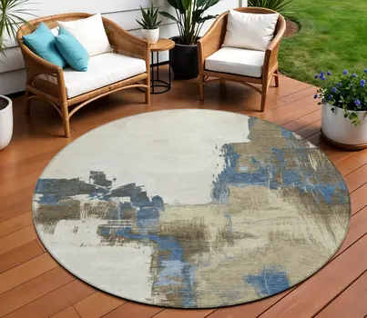 8' Beige And Brown Round Abstract Washable Indoor Outdoor Area Rug