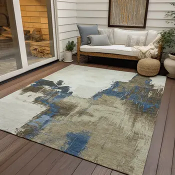 9' X 12' Beige And Brown Abstract Washable Indoor Outdoor Area Rug