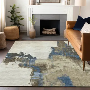 9' X 12' Beige And Brown Abstract Washable Indoor Outdoor Area Rug