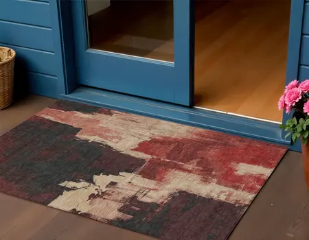 3' X 5' Brick Red And Red Abstract Washable Indoor Outdoor Area Rug
