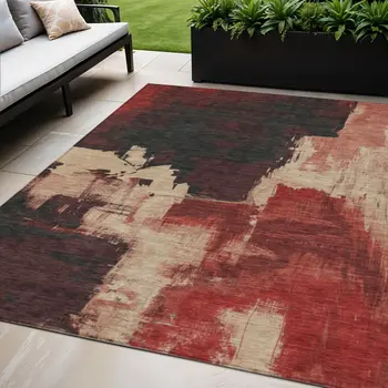 5' X 8' Brick Red And Red Abstract Washable Indoor Outdoor Area Rug