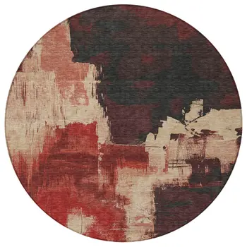 8' Brick Red And Red Round Abstract Washable Indoor Outdoor Area Rug