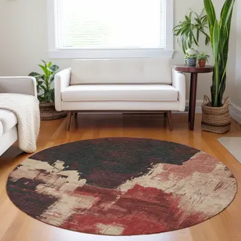 8' Brick Red And Red Round Abstract Washable Indoor Outdoor Area Rug