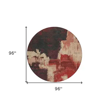 8' Brick Red And Red Round Abstract Washable Indoor Outdoor Area Rug