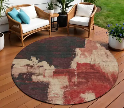 8' Brick Red And Red Round Abstract Washable Indoor Outdoor Area Rug