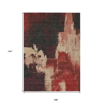 9' X 12' Brick Red And Red Abstract Washable Indoor Outdoor Area Rug