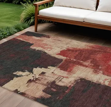 9' X 12' Brick Red And Red Abstract Washable Indoor Outdoor Area Rug