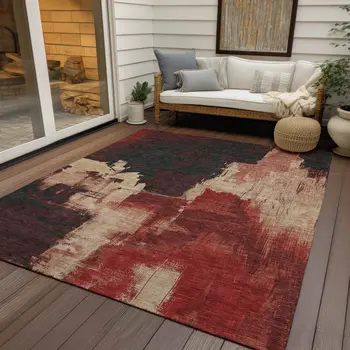 9' X 12' Brick Red And Red Abstract Washable Indoor Outdoor Area Rug