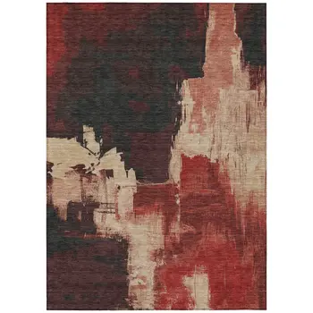 9' X 12' Brick Red And Red Abstract Washable Indoor Outdoor Area Rug