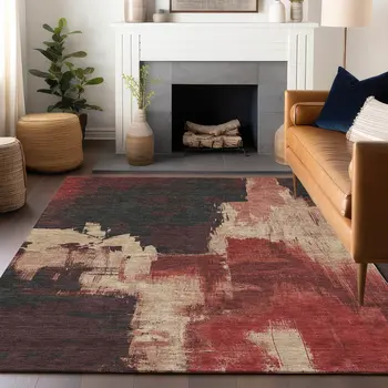 9' X 12' Brick Red And Red Abstract Washable Indoor Outdoor Area Rug