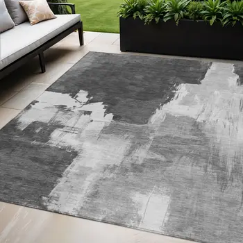 5' X 8' Gray And Smoky Black Abstract Washable Indoor Outdoor Area Rug