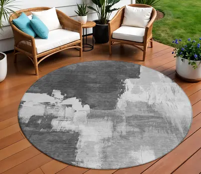 8' Gray And Smoky Black Round Abstract Washable Indoor Outdoor Area Rug