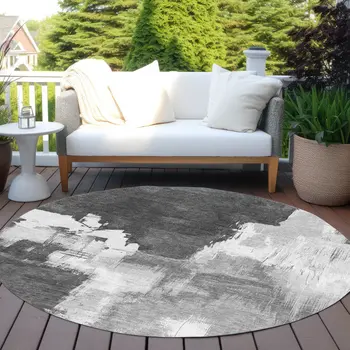 8' Gray And Smoky Black Round Abstract Washable Indoor Outdoor Area Rug