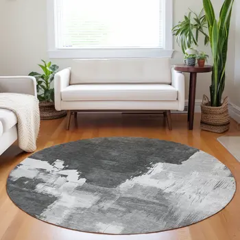 8' Gray And Smoky Black Round Abstract Washable Indoor Outdoor Area Rug
