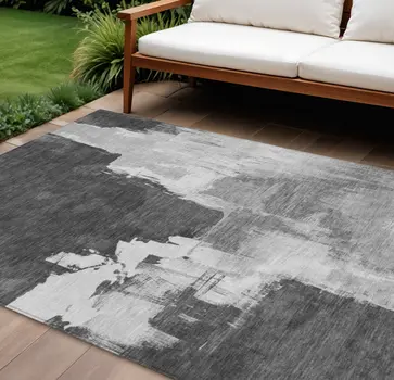 10' X 14' Gray And Smoky Black Abstract Washable Indoor Outdoor Area Rug