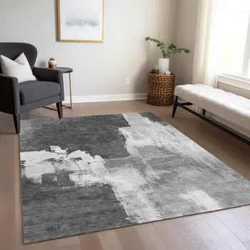 10' X 14' Gray And Smoky Black Abstract Washable Indoor Outdoor Area Rug