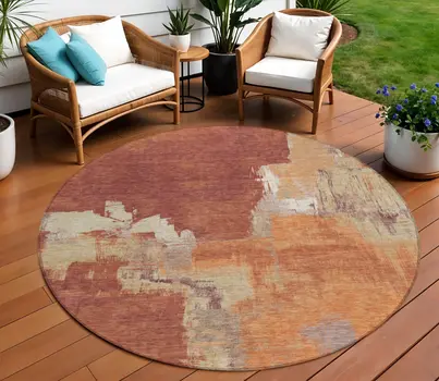 8' Orange And Burnt Orange Round Abstract Washable Indoor Outdoor Area Rug