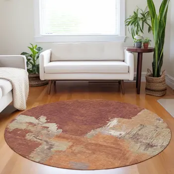 8' Orange And Burnt Orange Round Abstract Washable Indoor Outdoor Area Rug