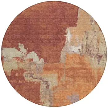 8' Orange And Burnt Orange Round Abstract Washable Indoor Outdoor Area Rug