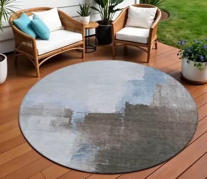 8' Sky Blue And Blue Round Abstract Washable Indoor Outdoor Area Rug