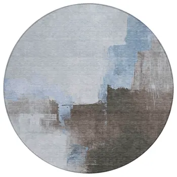 8' Sky Blue And Blue Round Abstract Washable Indoor Outdoor Area Rug