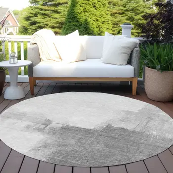 8' Silver And Gray Round Abstract Washable Indoor Outdoor Area Rug
