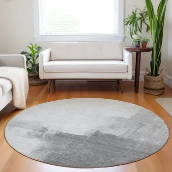 8' Silver And Gray Round Abstract Washable Indoor Outdoor Area Rug