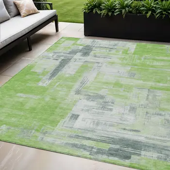 5' X 8' Artichoke Green And Green Abstract Washable Indoor Outdoor Area Rug
