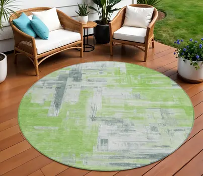 8' Artichoke Green And Green Round Abstract Washable Indoor Outdoor Area Rug