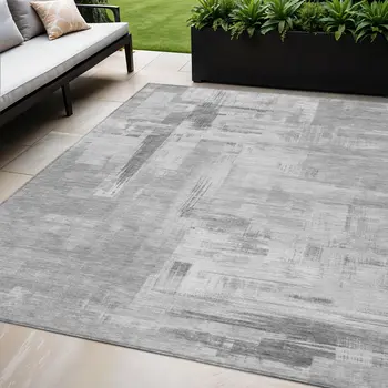 5' X 8' Gray And Off White Abstract Washable Indoor Outdoor Area Rug