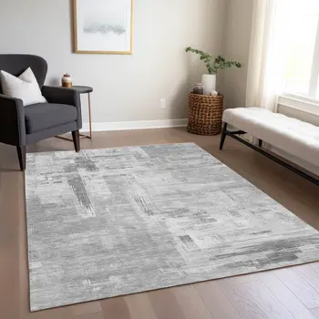 5' X 8' Gray And Off White Abstract Washable Indoor Outdoor Area Rug