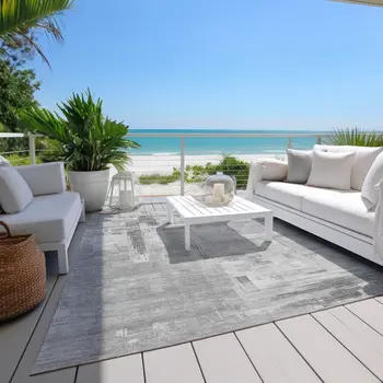 8' X 10' Gray And Off White Abstract Washable Indoor Outdoor Area Rug