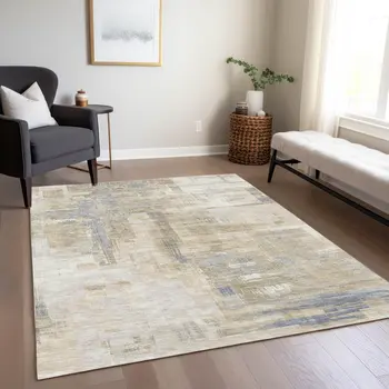 5' X 8' Ivory And Beige Abstract Washable Indoor Outdoor Area Rug