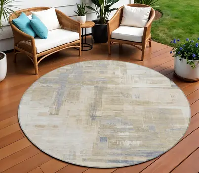 8' Ivory And Beige Round Abstract Washable Indoor Outdoor Area Rug