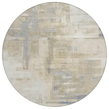 8' Ivory And Beige Round Abstract Washable Indoor Outdoor Area Rug