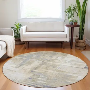 8' Ivory And Beige Round Abstract Washable Indoor Outdoor Area Rug