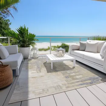 10' X 14' Ivory And Beige Abstract Washable Indoor Outdoor Area Rug