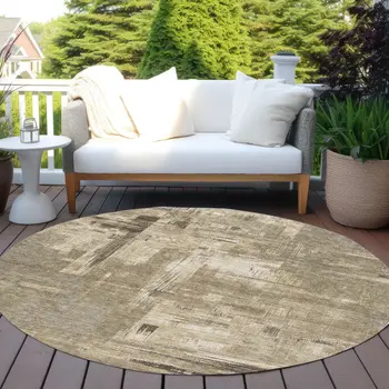 8' Brown And Beige Round Abstract Washable Indoor Outdoor Area Rug