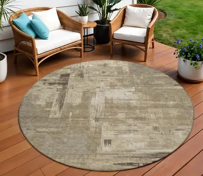 8' Brown And Beige Round Abstract Washable Indoor Outdoor Area Rug