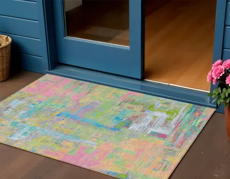 3' X 5' Pink Key Lime And Sky Blue Abstract Washable Indoor Outdoor Area Rug