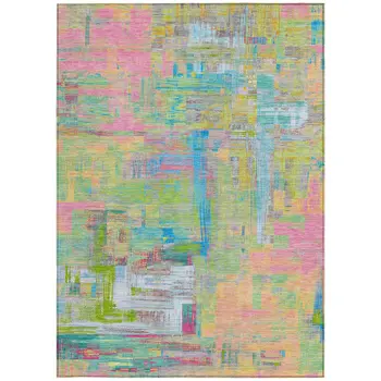 5' X 8' Pink Key Lime And Sky Blue Abstract Washable Indoor Outdoor Area Rug