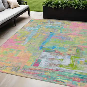 5' X 8' Pink Key Lime And Sky Blue Abstract Washable Indoor Outdoor Area Rug