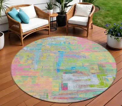 8' Pink Key Lime And Sky Blue Round Abstract Washable Indoor Outdoor Area Rug