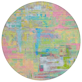 8' Pink Key Lime And Sky Blue Round Abstract Washable Indoor Outdoor Area Rug