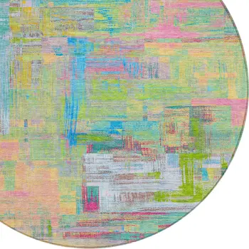 8' Pink Key Lime And Sky Blue Round Abstract Washable Indoor Outdoor Area Rug