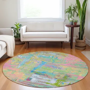8' Pink Key Lime And Sky Blue Round Abstract Washable Indoor Outdoor Area Rug