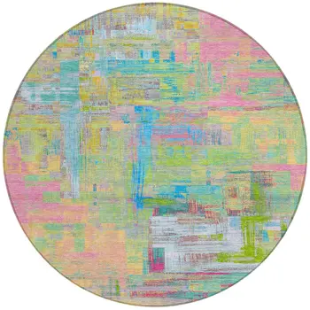 8' Pink Key Lime And Sky Blue Round Abstract Washable Indoor Outdoor Area Rug