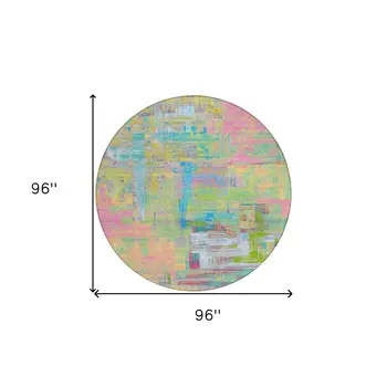 8' Pink Key Lime And Sky Blue Round Abstract Washable Indoor Outdoor Area Rug
