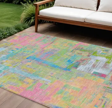 9' X 12' Pink Key Lime And Sky Blue Abstract Washable Indoor Outdoor Area Rug