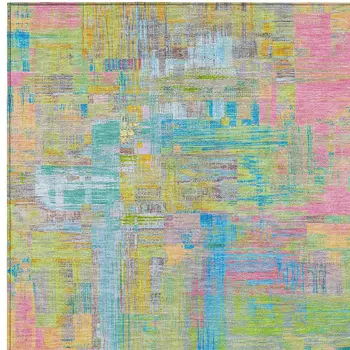 9' X 12' Pink Key Lime And Sky Blue Abstract Washable Indoor Outdoor Area Rug
